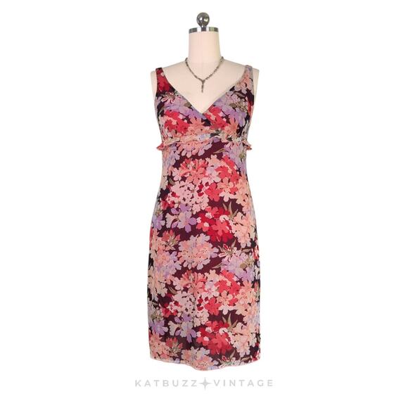 Vintage Silk Midi Dress 10 Pink Red Y2K Feminine Babydoll Ruffle Empire Feminine - Picture 1 of 15